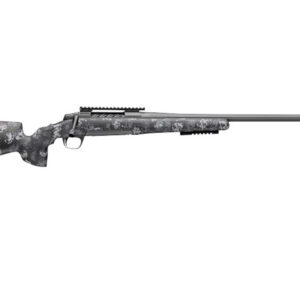 Side view of a long, bolt-action rifle with digital camouflage finish and a long muzzle, shown against a white background.
