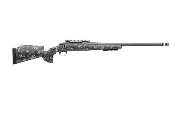 Side view of a long, bolt-action rifle with digital camouflage finish and a long muzzle, shown against a white background.