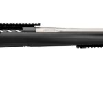 Bolt-action rifle with black synthetic stock and long stainless barrel, viewed from the left.