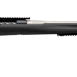 Bolt-action rifle with black synthetic stock and long stainless barrel, viewed from the left.