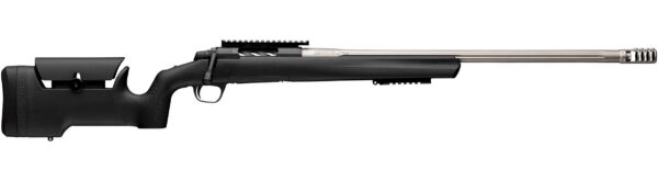 Bolt-action rifle in profile with black stock, long stainless barrel and top Picatinny rail on a white background