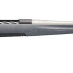 Bolt-action rifle with a gray synthetic stock and long, stainless barrel shown in profile from the side.
