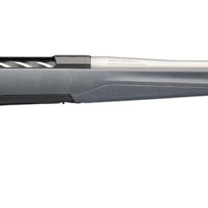 Bolt-action rifle with a gray synthetic stock and long, stainless barrel shown in profile from the side.