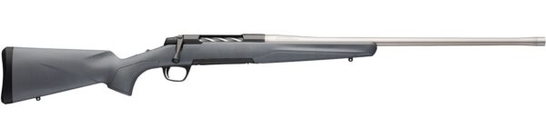 Bolt-action rifle with a gray synthetic stock and long, stainless barrel shown in profile from the side.