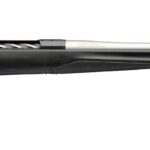 Bolt-action hunting rifle with black synthetic stock and long stainless steel barrel on a white background.