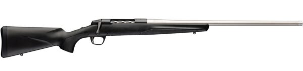Bolt-action hunting rifle with black synthetic stock and long stainless steel barrel on a white background.