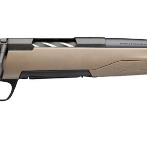 Bolt-action rifle in profile with tan stock, black adjustable cheek rest, and long barrel (no scope)
