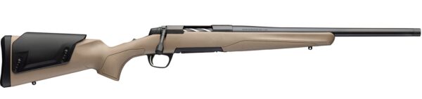 Bolt-action rifle in profile with tan stock, black adjustable cheek rest, and long barrel (no scope)