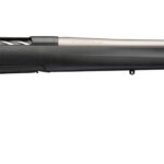 Bolt-action rifle with a black synthetic stock and long metallic barrel, shown from the left side in a ready-to-fire stance
