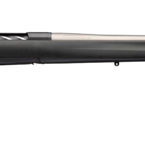 Bolt-action rifle with a black synthetic stock and long metallic barrel, shown from the left side in a ready-to-fire stance
