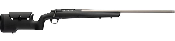Bolt-action rifle with a black synthetic stock and long metallic barrel, shown from the left side in a ready-to-fire stance