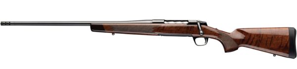 Bolt-action rifle with a polished wooden stock and long blued barrel, shown from the side.
