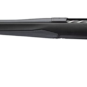 Side view of a black bolt-action rifle with a long barrel and synthetic stock, shown in profile.