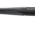 Side view of a black bolt-action rifle with a long barrel and synthetic stock