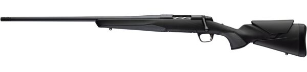 Left-side profile of a long, black bolt-action hunting rifle with a synthetic stock and muzzle brake.