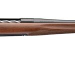 Side view of a bolt-action hunting rifle with a polished wooden stock and long barrel