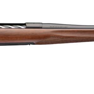 Side view of a bolt-action hunting rifle with a polished wooden stock and long barrel