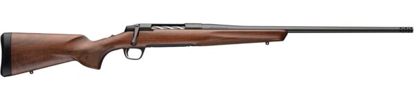 Bolt-action rifle with a polished wooden stock and long black barrel on a white background