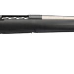 Bolt-action rifle with black synthetic stock and long stainless barrel, side bolt action visible, laid horizontally across the image.
