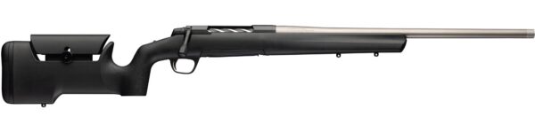 Bolt-action rifle with black synthetic stock and long stainless barrel, side bolt action visible, laid horizontally across the image.