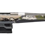 Camouflage-pattern bolt-action hunting rifle with black stock and a detachable magazine