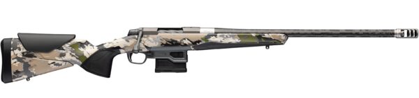 Camouflage-pattern bolt-action hunting rifle with black stock and a detachable magazine