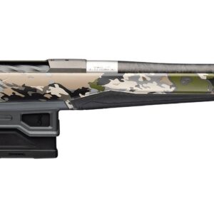 Bolt-action hunting rifle with tan-gray camouflage stock, detachable box magazine, and long rifled barrel.