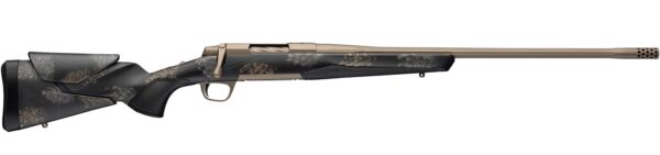 Bolt-action rifle with tan/brown barrel and black camo-patterned stock, shown in profile.