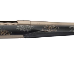 Bolt-action rifle with a black camo pattern and tan muzzle, viewed from the side.