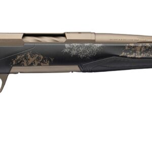 Bolt-action hunting rifle with black camouflage pattern and tan muzzle, shown on white background.