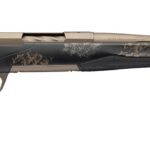 Bolt-action rifle with black camouflage pattern and tan barrel on a white background.
