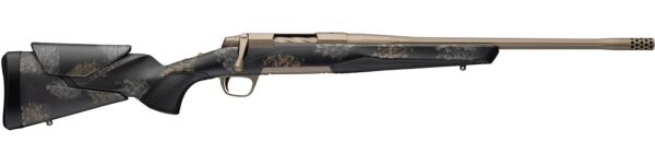 Bolt-action rifle with black camouflage pattern and tan barrel on a white background.