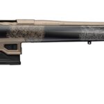 Bolt-action rifle with black and tan desert camouflage and a detachable box magazine