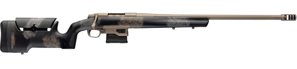 Bolt-action sniper rifle in black and tan camouflage with a detachable magazine.