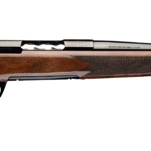 Bolt-action hunting rifle with a polished wooden stock and checkered grip, long barrel