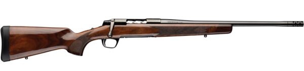 Bolt-action hunting rifle with a polished wooden stock and checkered grip, long barrel
