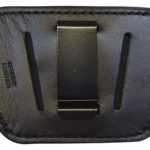 Back view of a black leather belt clip holder with a central metal clip and two vertical slots.