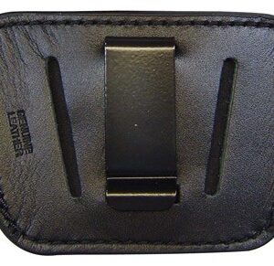 Back view of a black leather belt clip holder with a central metal clip and two vertical slots.
