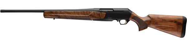 Bolt-action hunting rifle with a polished wooden stock and long dark barrel, shown in side profile