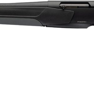 Black shotgun shown in profile with a long barrel and synthetic stock, a modern hunting firearm.