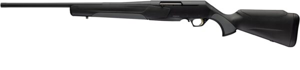 Black shotgun shown in profile with a long barrel and synthetic stock, a modern hunting firearm.
