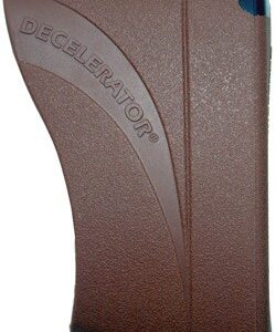 Brown plastic handheld device with a curved gray decal bearing the word 'DECELERATE' and a blue edge at the top corner.