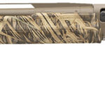Side view of a camouflage-pattern semi-automatic hunting shotgun with a long barrel to the left and a textured stock to the right.