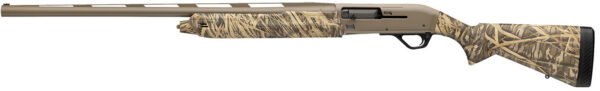 Side view of a camouflage-pattern semi-automatic hunting shotgun with a long barrel to the left and a textured stock to the right.
