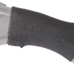 Close-up of a handgun grip with a textured black handle and metallic frame, showing the trigger guard.