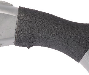 Close-up of a handgun grip with a textured black handle and metallic frame, showing the trigger guard.