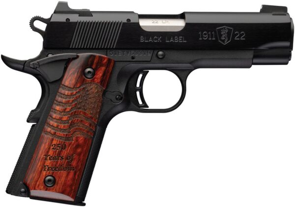 Commemorative 1911 pistol with wooden grip etched “250 Years of Freedom.”