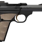 Side view of a black semi-automatic pistol with a textured tan grip, shown from the left.