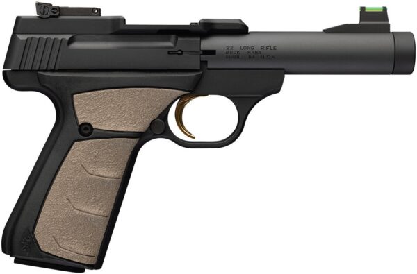 Side view of a black semi-automatic pistol with a textured tan grip, shown from the left.