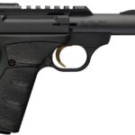 Profile view of a black semi-automatic pistol with a long barrel and textured grip.